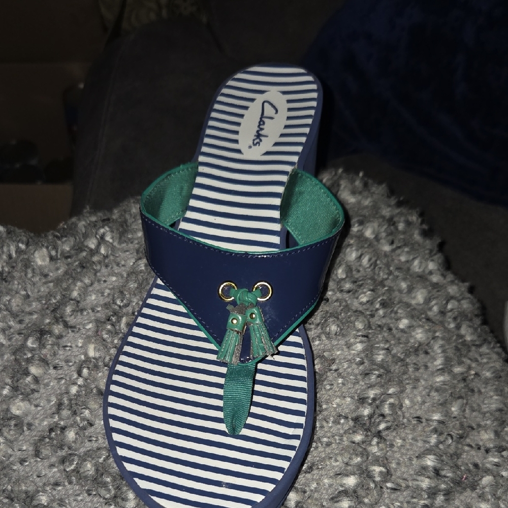 Clarks Navy Blue and Teal Striped Women's Sandal
